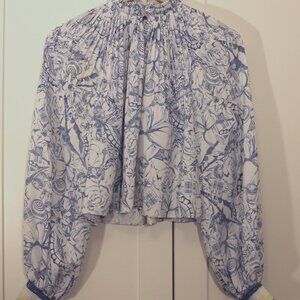 Tibi White & Blue Illustrated Blouse – Size 2